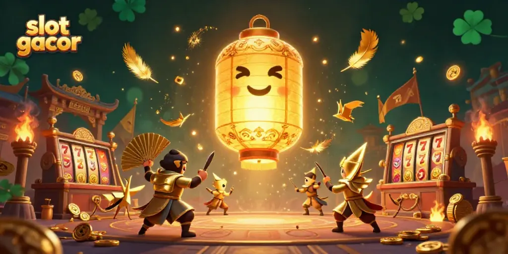 Witness the vibrant and energetic world of slot gacor, featuring a glowing lantern spirit, warriors, and jackpot elements.