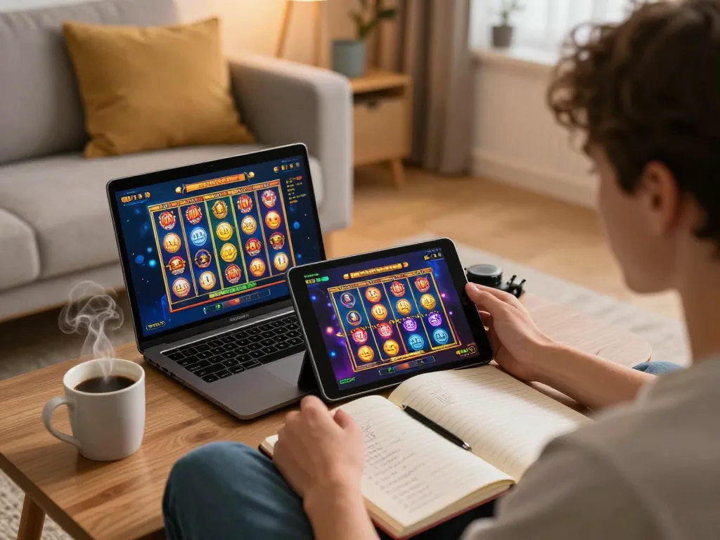 Engaged gambler enjoying slot 10k game on tablet, cozy home environment with strategic notes and warm lighting.