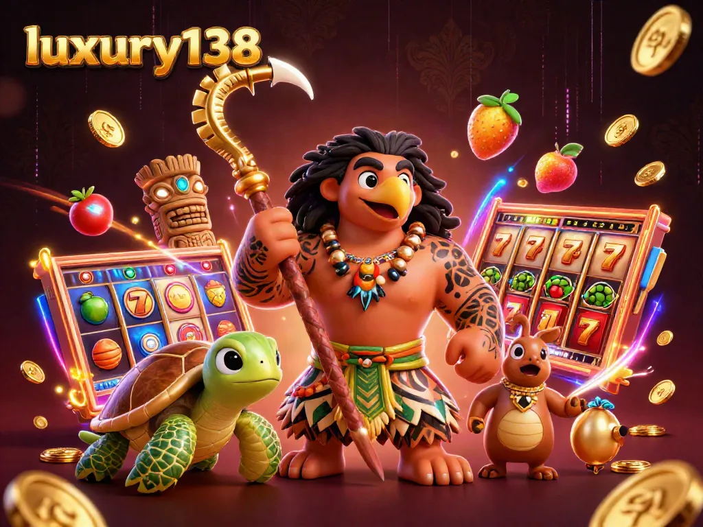luxury138 meraih jackpot dalam ilustrasi kasino dengan simbol slot dan karakter menarik