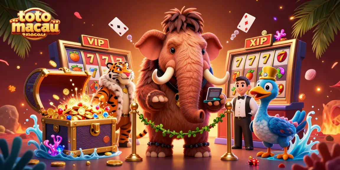 Experience the thrill of toto slot macau with a lively 3D casino scene featuring unique characters and slot elements.