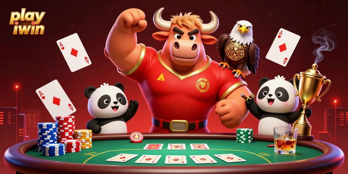 Play iwin as a lively gaming scene with a cartoon bull, eagle, and panda celebrating victory.