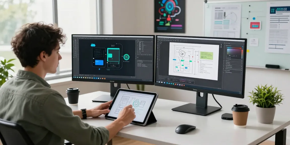 Developer using Snipaste官网 tools in a modern workspace, showcasing screenshot functionalities and creative annotations.