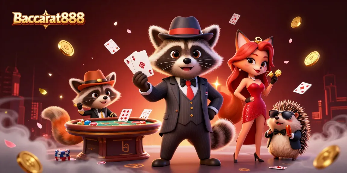 Engage in Baccarat888 with a charming 3D raccoon and friends amidst a lively casino scene filled with gold coins and playing cards.