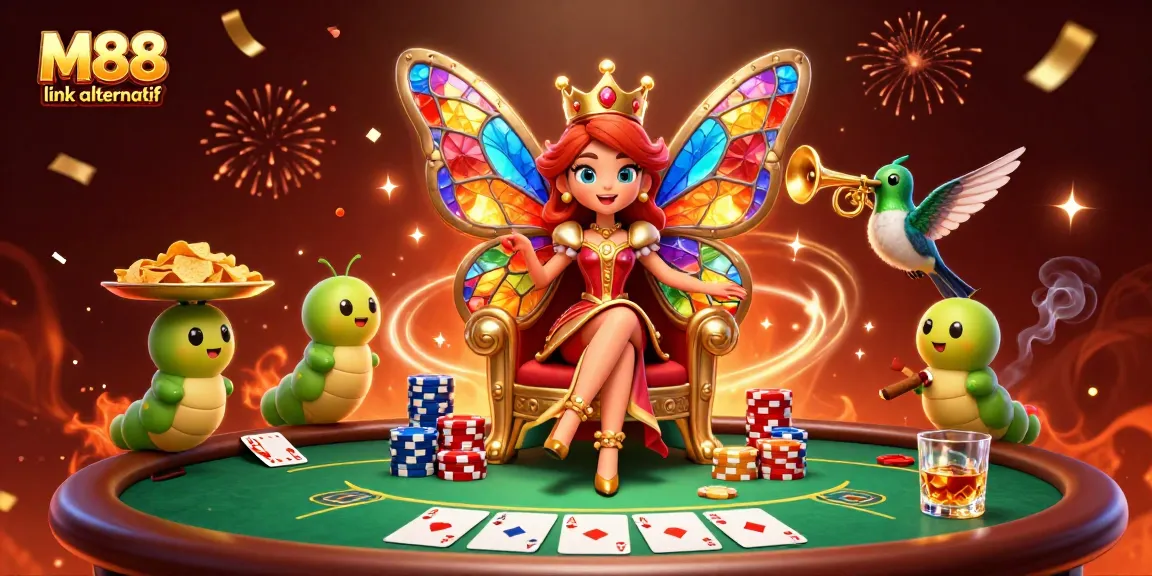 Engage with M88 link alternatif for high-stakes poker excitement in a vibrant 3D illustration.