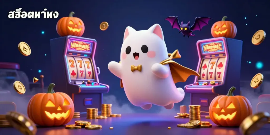 Engage with สล็อตแท้ตรง in a magical casino atmosphere, featuring a playful ghost cat, vampire bat companion, and glowing slot reels.