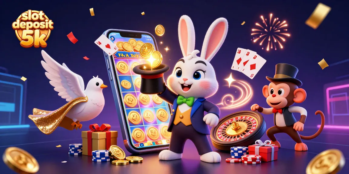 Spin to win with slot deposit 5k at this vibrant 3D casino scene featuring magical characters and exciting slot games.
