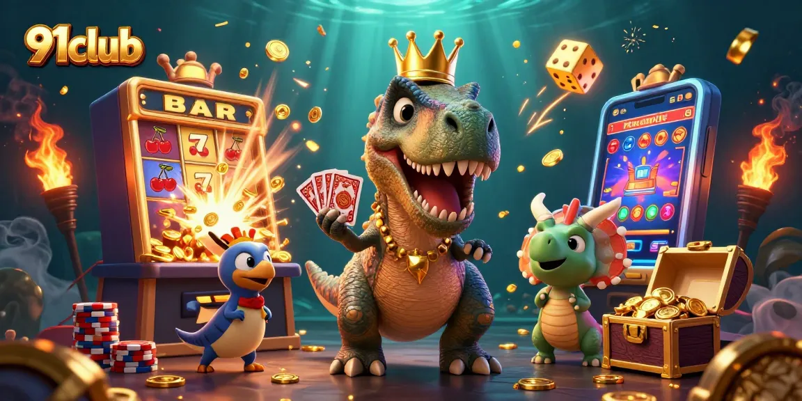 Experience fun at 91club with 3D characters enjoying casino games and vibrant gaming elements.