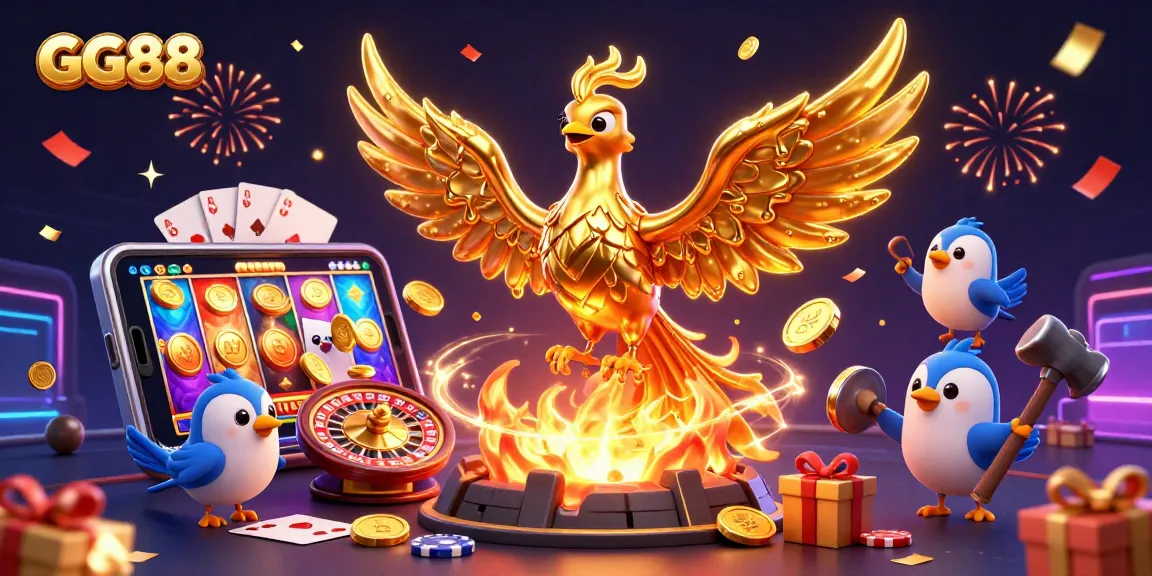 Experience the thrill of GG88 with a golden phoenix amidst exciting casino elements.