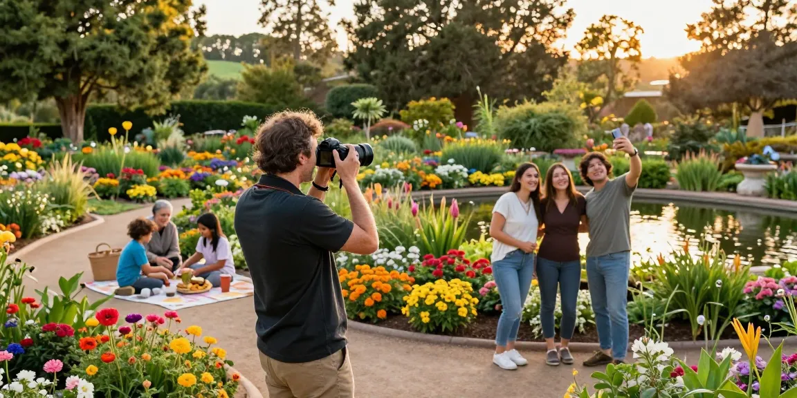Joyful traveler at Capay Valley Garden Tour capturing scenic beauty amid vibrant flowers.