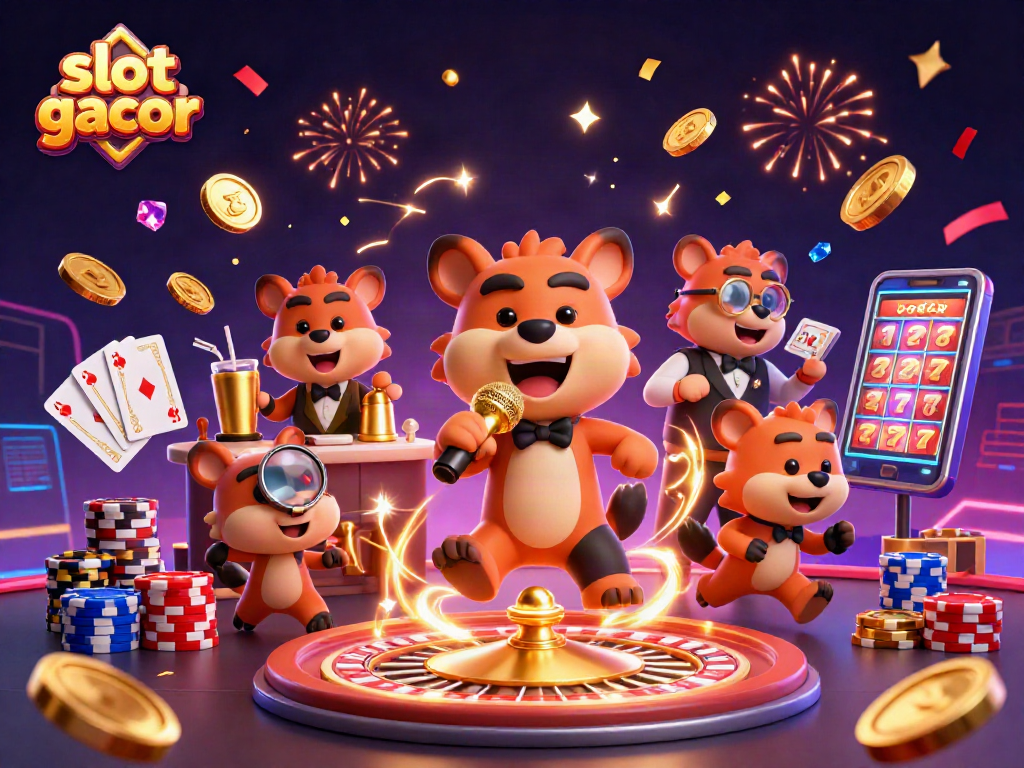 Engage with slot gacor action at a vibrant comedy casino club featuring animated hyenas.