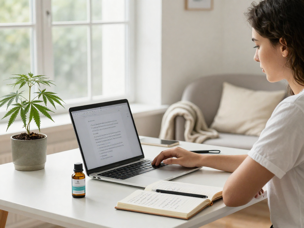 Explore quality CBD oil in this bright home office, highlighting a nationwide online dispensary's commitment to wellness.