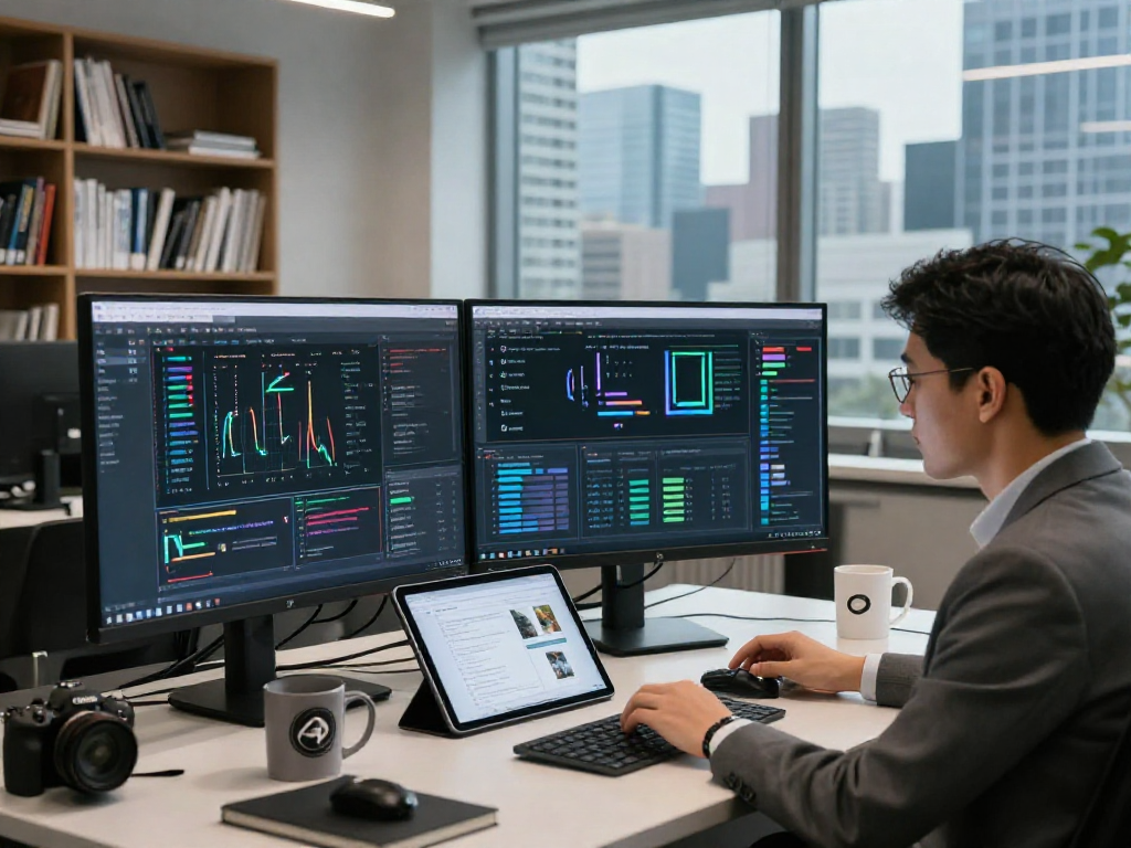 Detect AI image analysis in advanced moderation workspace with dynamic tech setup.