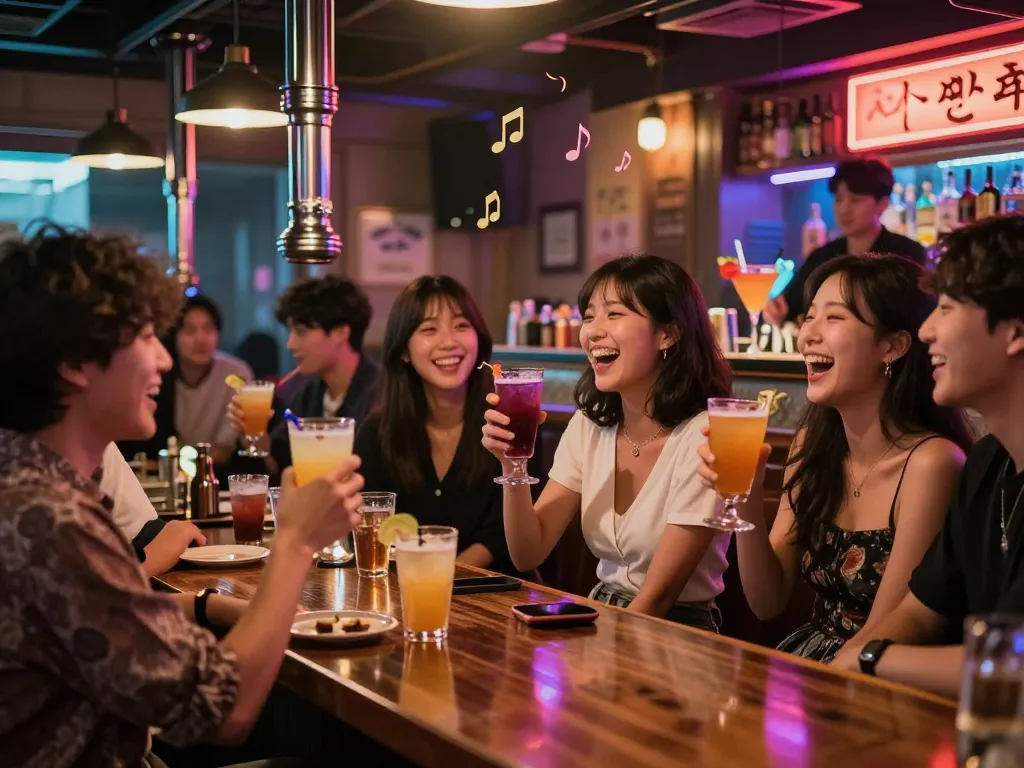 Jeju nightlife scene with friends enjoying 제주유흥 karaoke and drinks in a colorful bar.