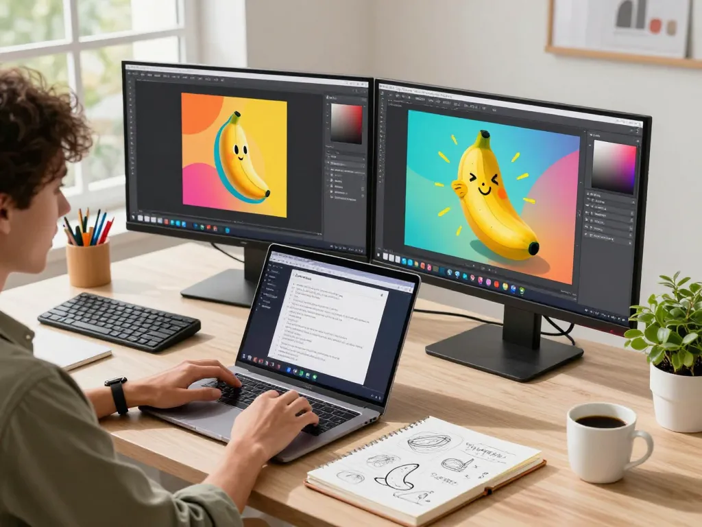 Content creator utilizing the nano banana AI image editor in a vibrant digital workspace.
