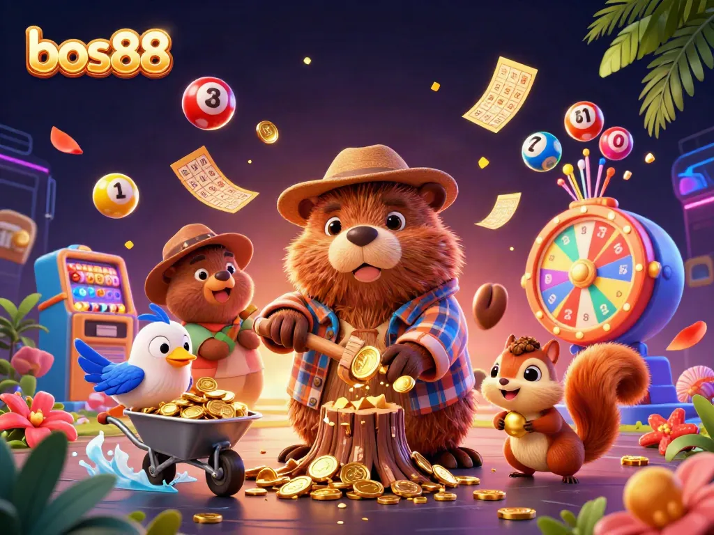 Bos88 menunjukkan beaver pemotong kayu mengumpulkan koin emas di kasino online.