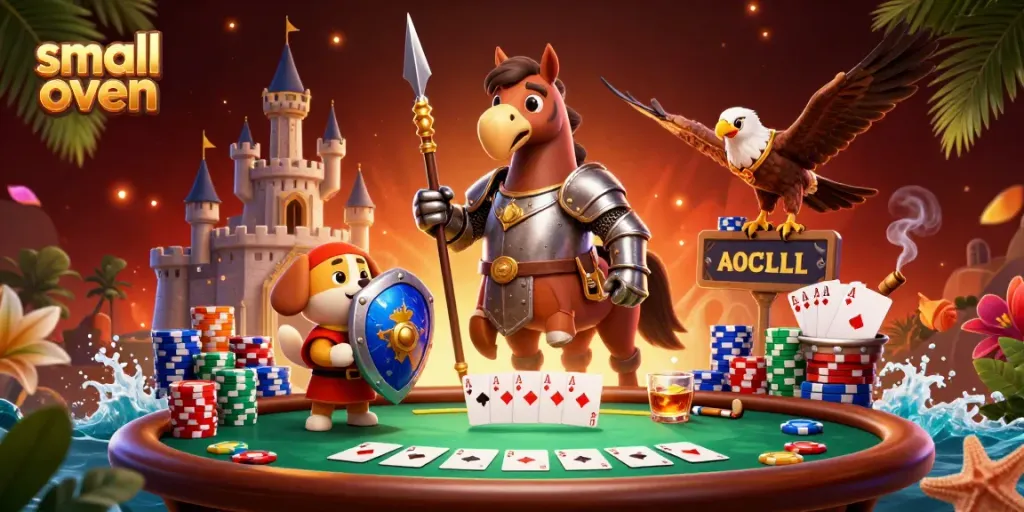 Engage with the small oven roast strategy at the poker table with vibrant casino elements.
