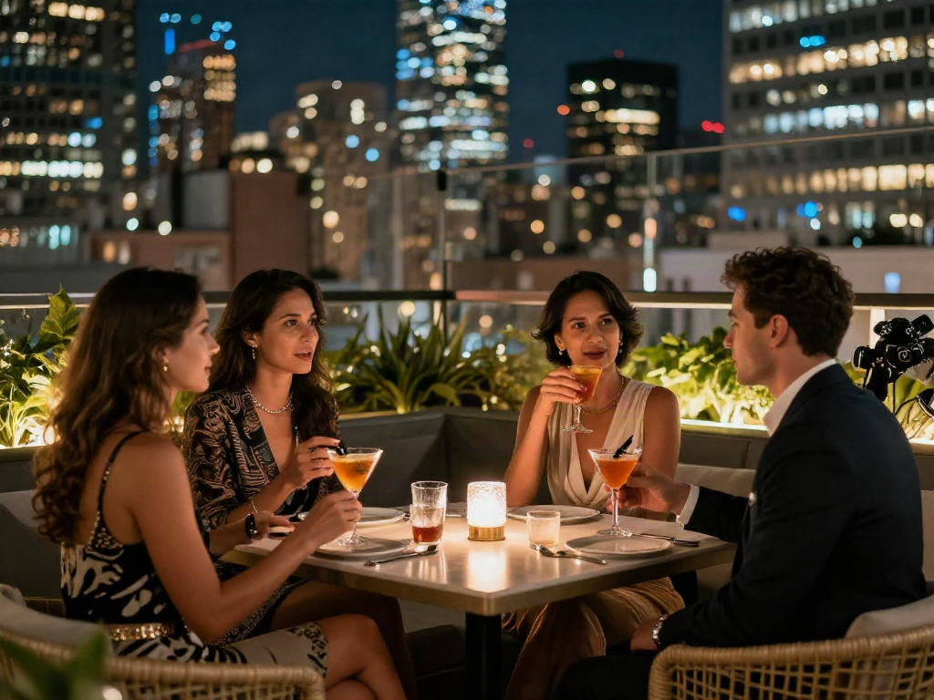 Situs LUXURY111: Suasana malam mewah di bar rooftop dengan pemandangan kota yang mengagumkan.