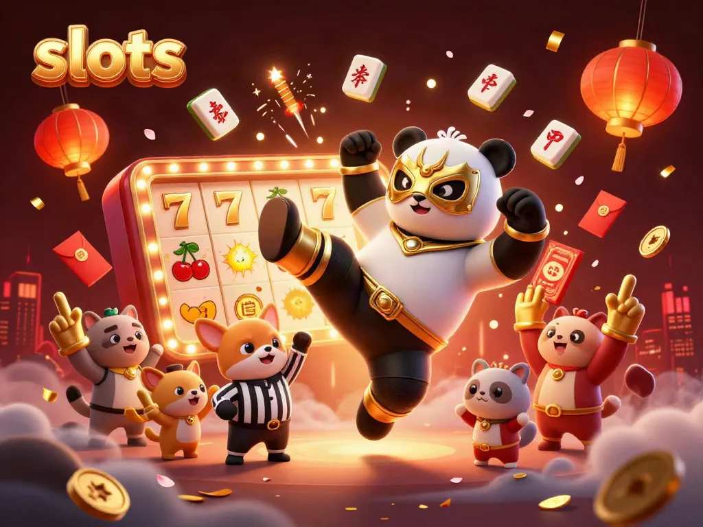 Experience the excitement of slots with a panda wrestler in action among vibrant casino elements.