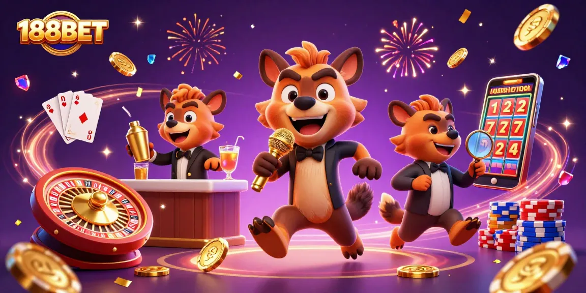 Win big at 188BET casino with hyenas enjoying their comedy club adventure, surrounded by games and gold.