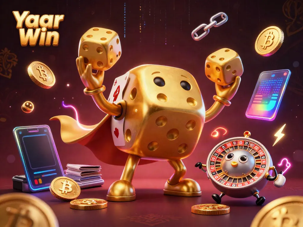 Experience the excitement of Yaar Win with a vibrant 3D casino illustration showcasing golden dice, cryptocurrencies, and game elements.