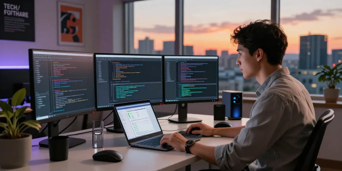 Software developer coding at a modern workspace with multiple monitors and a city view, showcasing the essence of cika4d tech innovation.