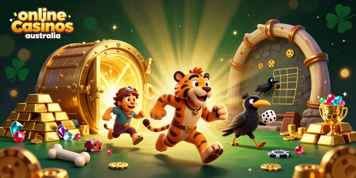 Win big at online casinos Australia with this vibrant 3D casino scene featuring a prehistoric theme.