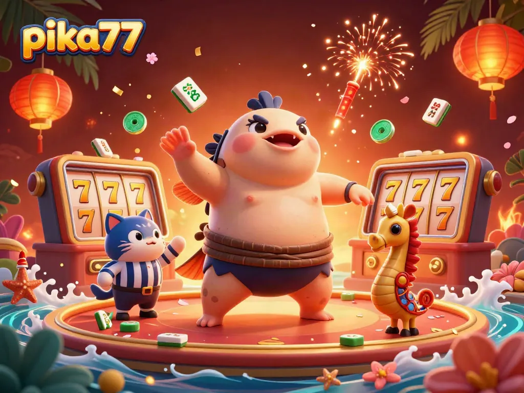 Pika77 online casino features a vibrant 3D scene with a fugu and catfish in a dynamic gambling underwater setting.