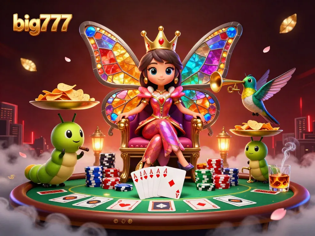 Engage in the big777 casino experience with vibrant characters amidst poker elements and rich visuals.