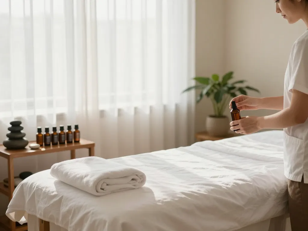 Massage session in a serene spa setting with calming oils and natural light.