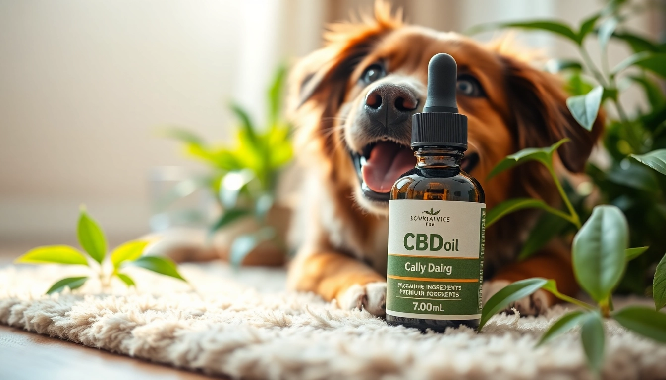 Happy dog relaxing with a bottle of premium CBD Oil For Dog in a natural, inviting setting.