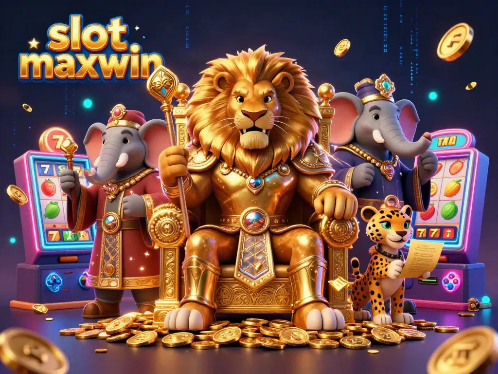 Experience slot maxwin with a majestic lion king, elephant advisor, and cheetah messenger in a vibrant casino scene.