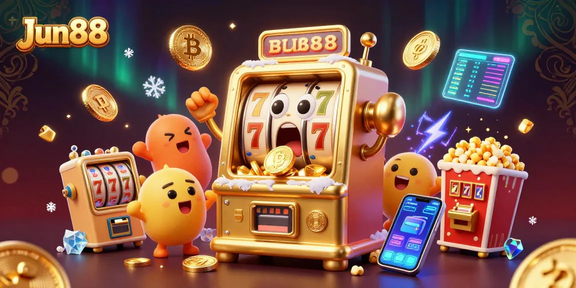Experience the excitement at Jun88 with vibrant slots, jackpots, and crypto elements in this stunning 3D illustration.