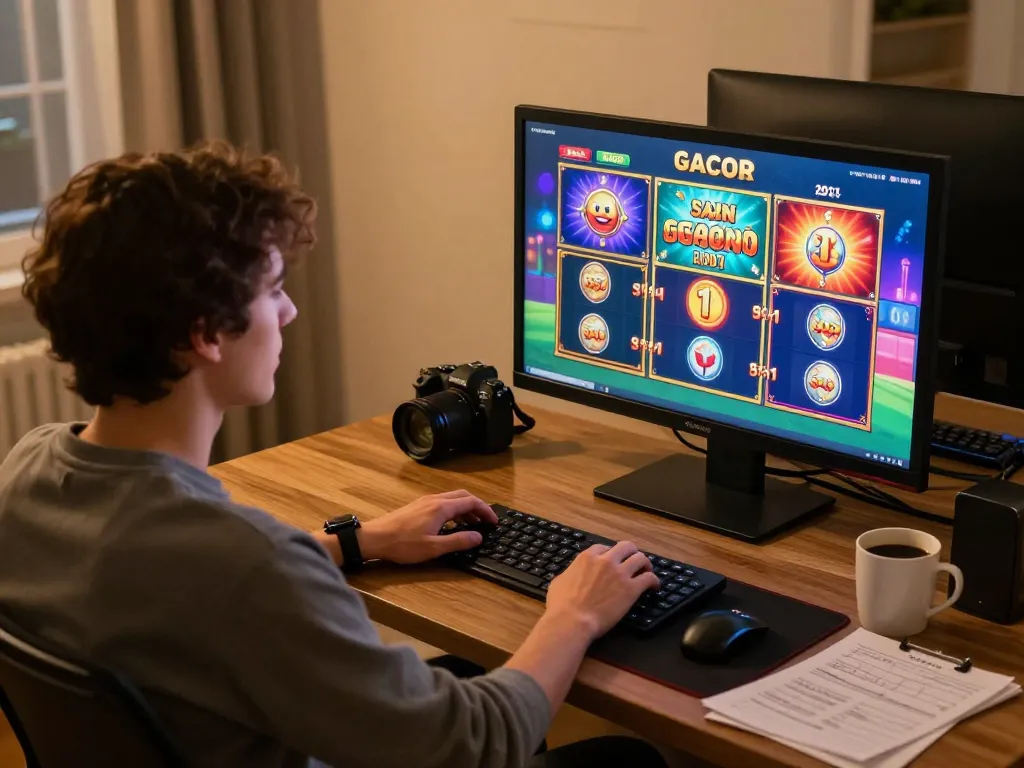 Engaging online player exploring slot gacor games with strategy notes visible.