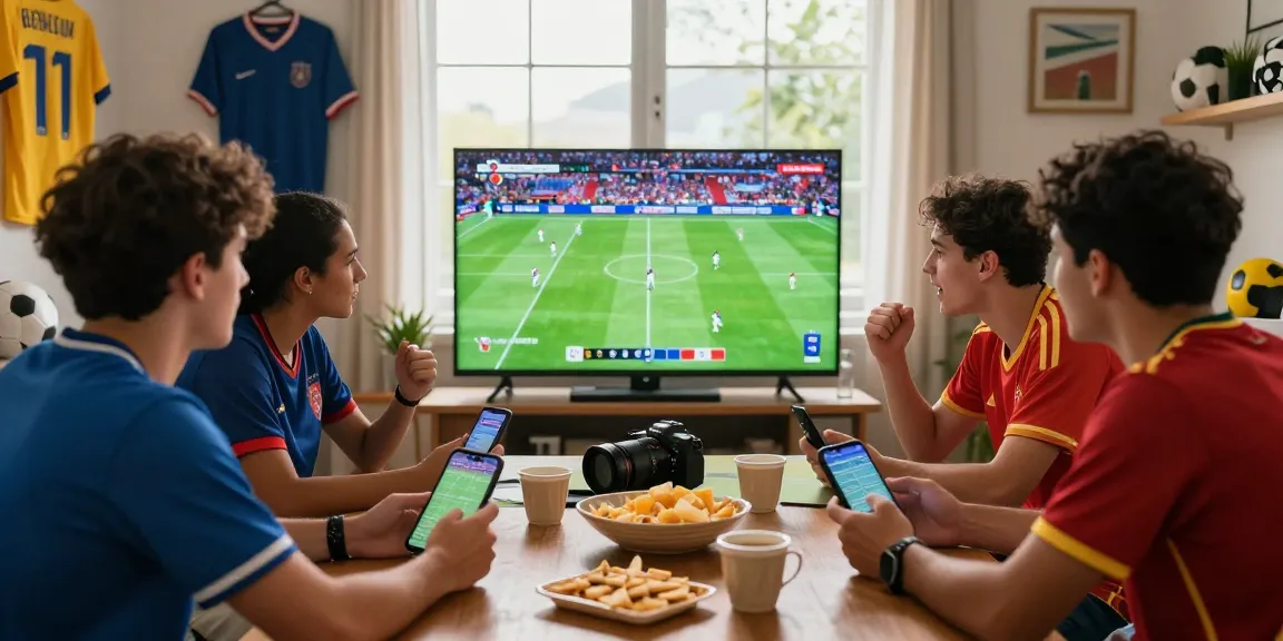 Exciting scene of friends enjoying a live 2026 World Cup match while discussing betting strategies, promoting 閱讀更多 on sports betting.