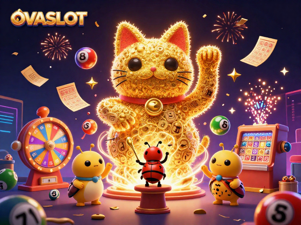 Engage with exciting gaming experiences at OVASLOT featuring a vibrant lucky cat and dynamic casino symbols.