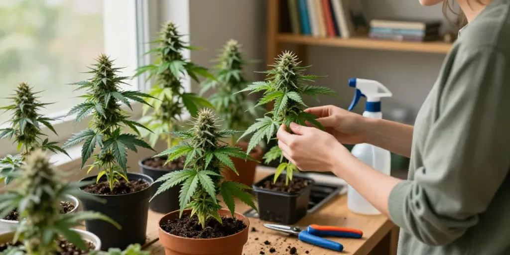 Autoflower Samen kaufen in a vibrant indoor gardening scene with THC cannabis plants and growing tools.