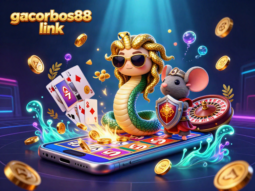 Spin the reels with the gacorbos88 link as Medusa and a warrior mouse celebrate big wins in this vibrant gaming scene.