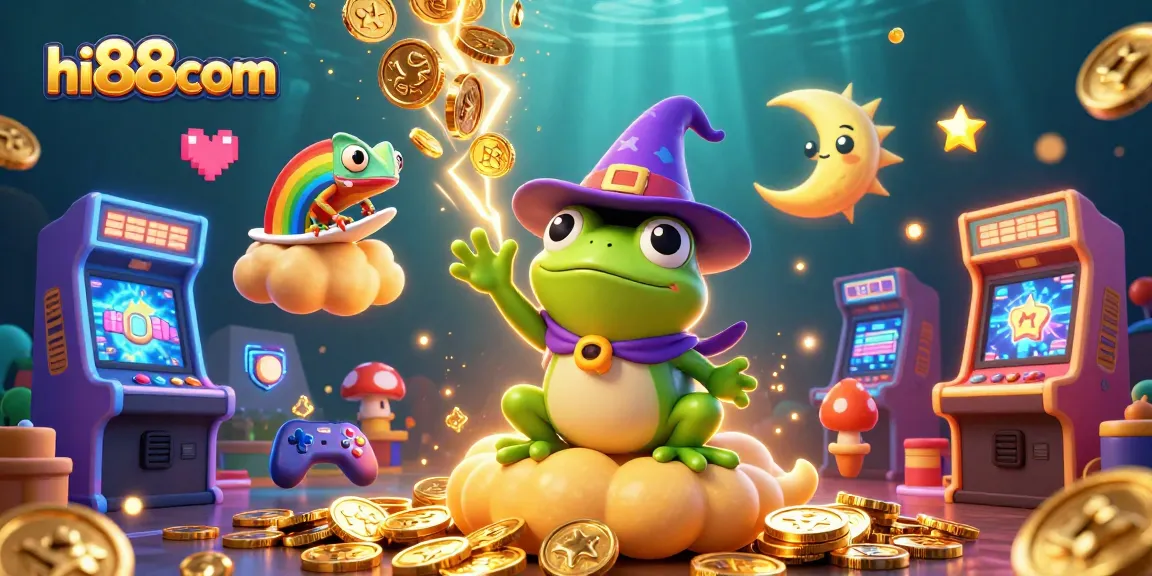 Join the excitement at hi88com, where a wizard frog conjures golden coins and chameleons surf stellar clouds!