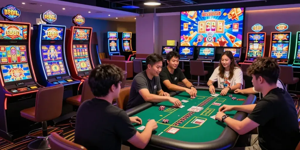 Pengalaman bermain di https://jptotogood.com/ dengan mesin slot berwarna cerah dan pemain gembira dalam suasana kasino virtual.