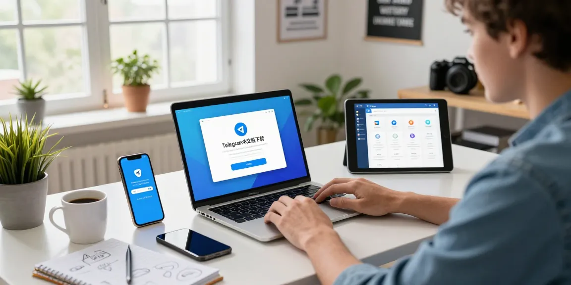 Download Telegram中文版下载 app on a sleek laptop in a modern workspace, showcasing productivity.