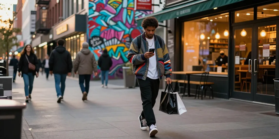 Stylish individual interacting with smartphone on urban street while showcasing fashion from https://shs-dome5.com/.