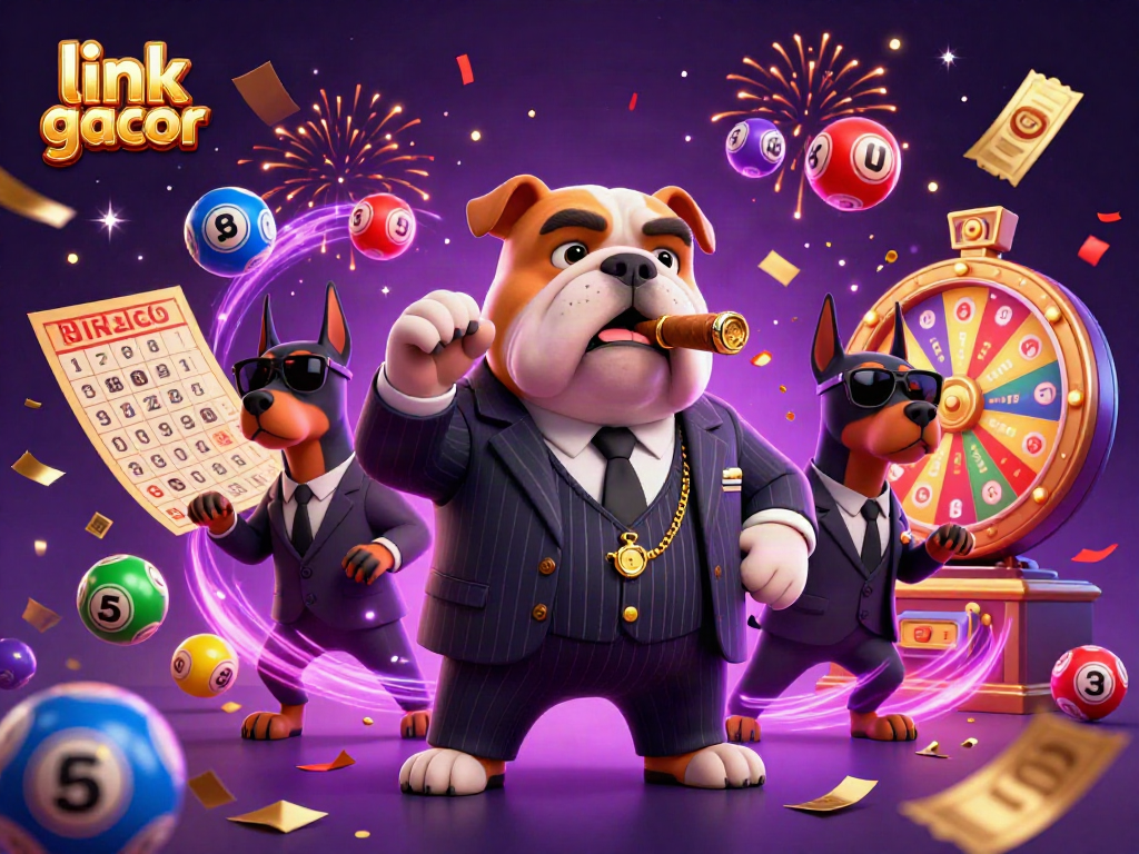 Engage with link gacor as the mafia boss bulldog leads in a thrilling casino scene filled with colorful elements and excitement.