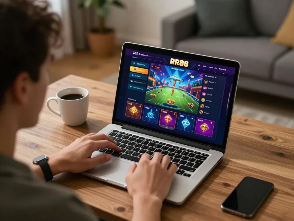 Engaging gaming session at nhà cái rr88's online platform showcased on a stylish laptop.