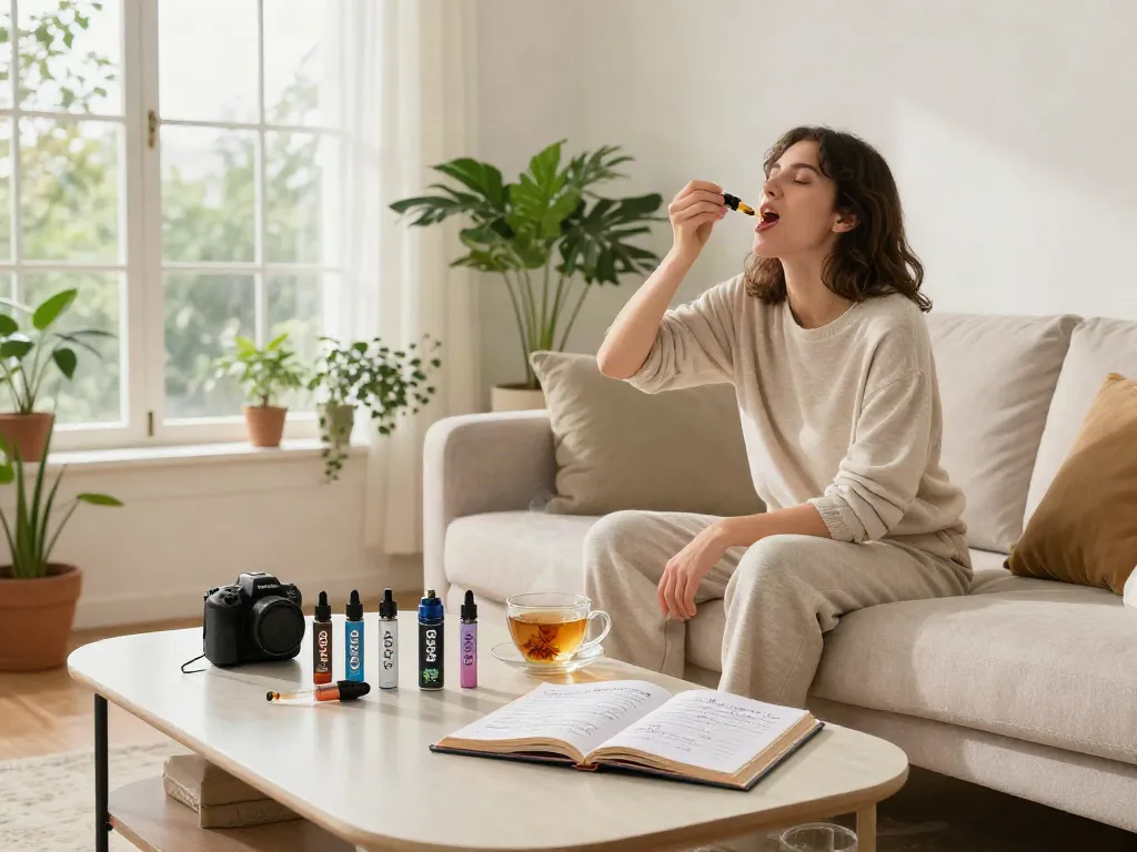 buy weed canada CBD oil tincture and vape device in cozy home setting promoting natural wellness