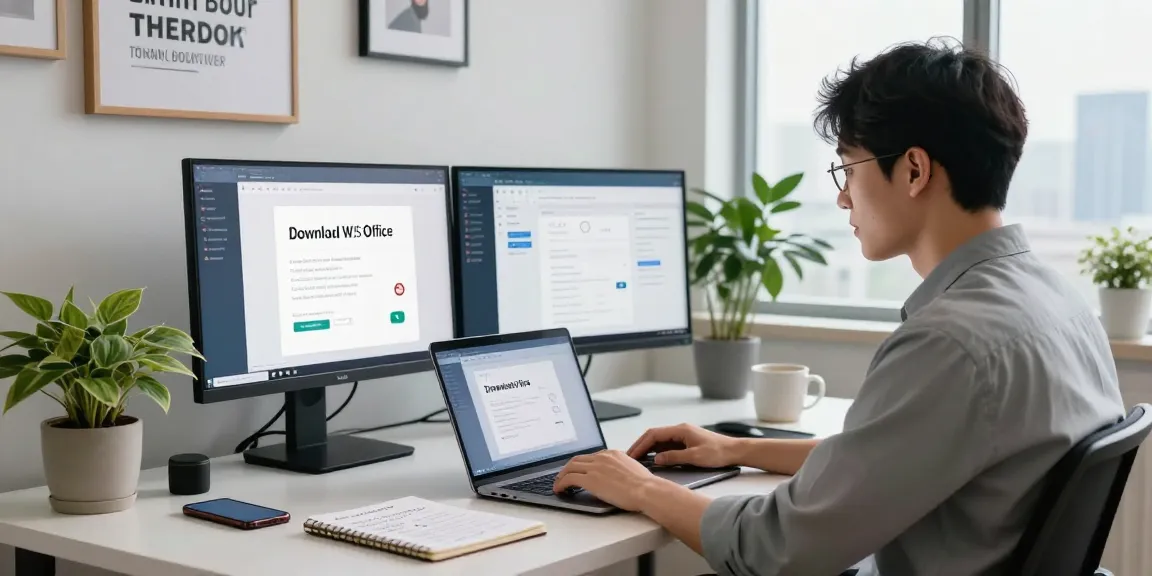 Download WPS Office in a modern home office with dual monitors, laptop, and greenery.