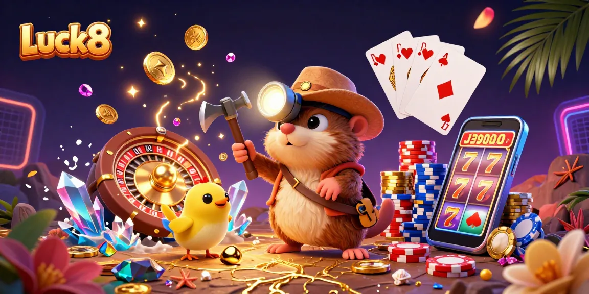 Experience thrilling gaming with Luck8 in a dynamic, treasure-filled casino scene.