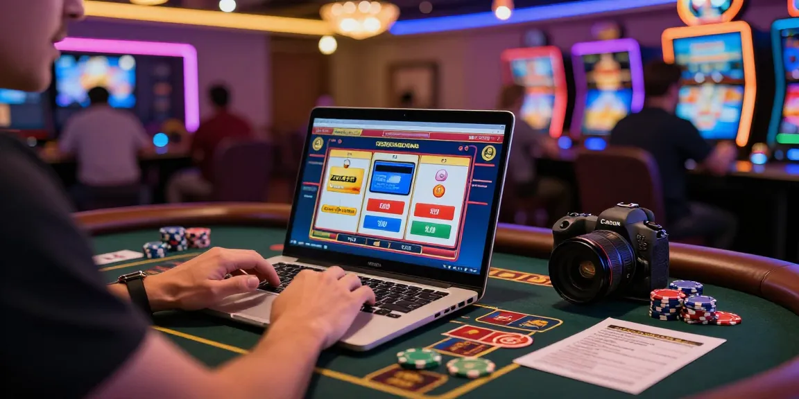 Player exploring credit card casinos on a laptop with vibrant gaming atmosphere.
