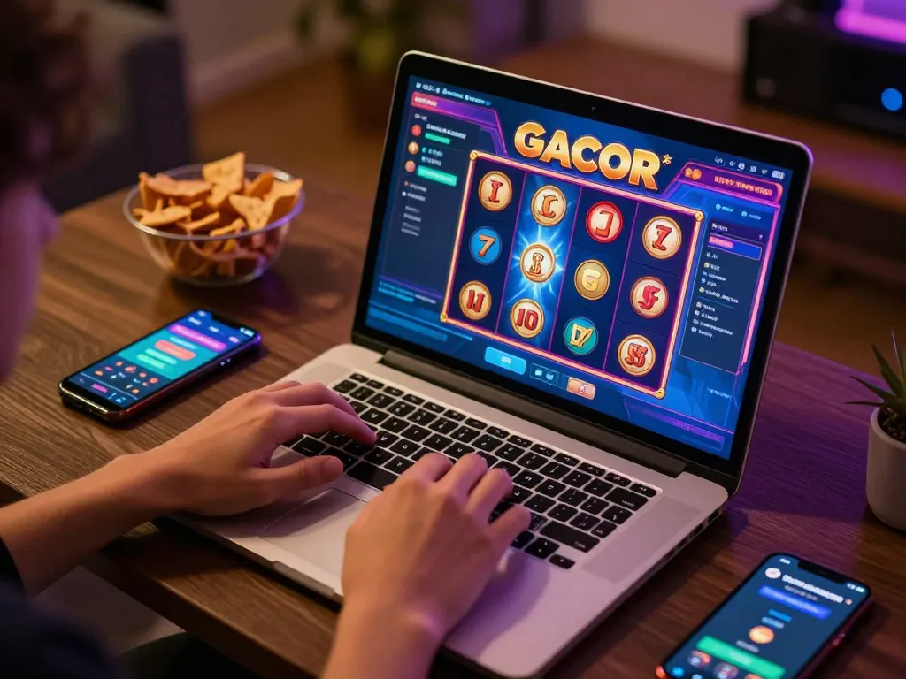 Engaging gameplay of slot gacor game on a laptop, highlighting online gambling excitement.