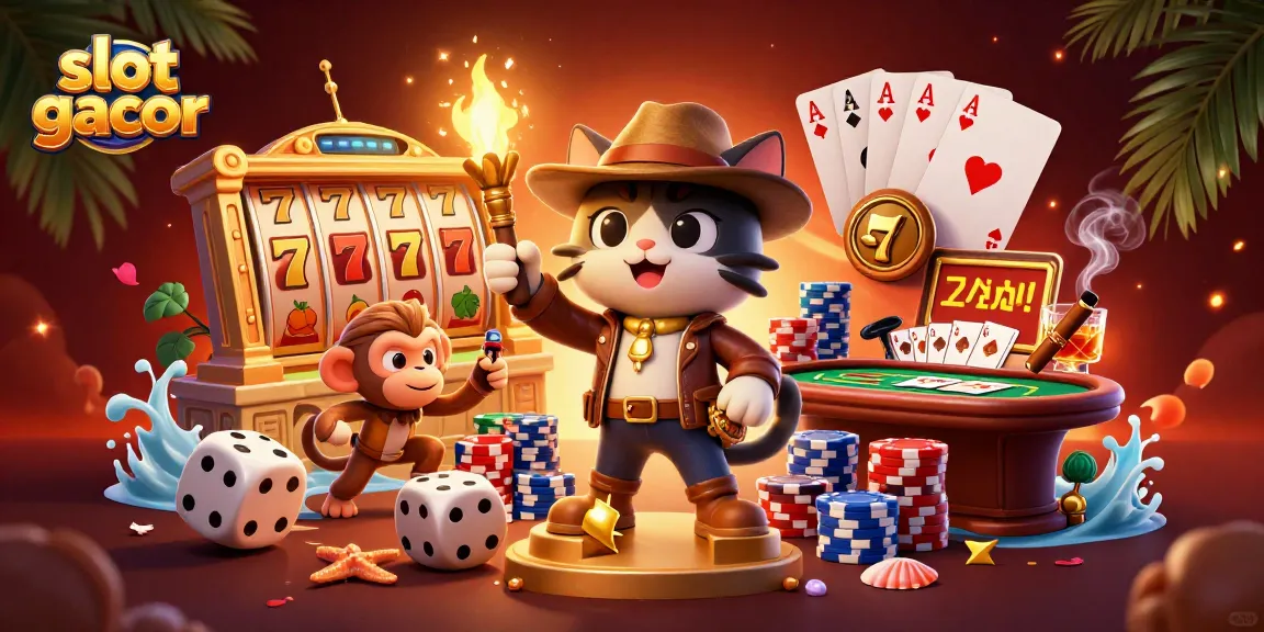 Engage with slot gacor gaming, showcasing a cat archaeologist uncovering treasures amid dynamic casino elements.