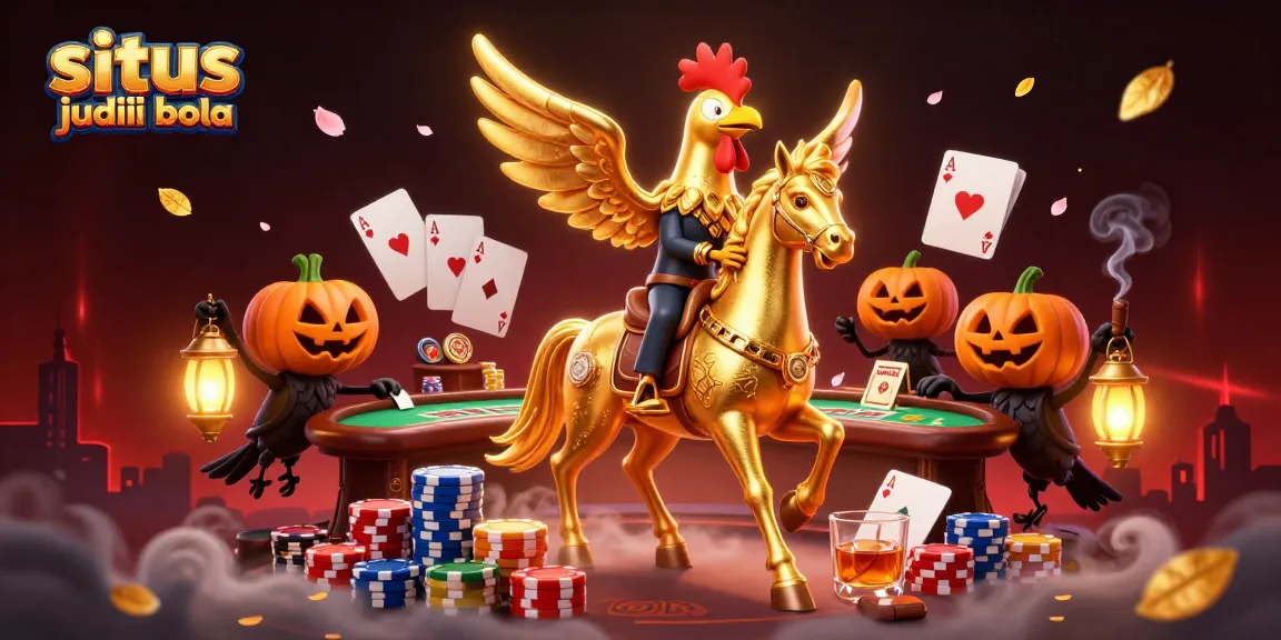 Experience situs judi bola action with a 3D scene of a golden rooster and spectral horse amidst poker elements.
